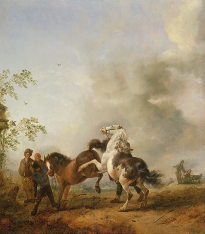 Een merrie en een hengst voor een huis door Philips Wouwerman